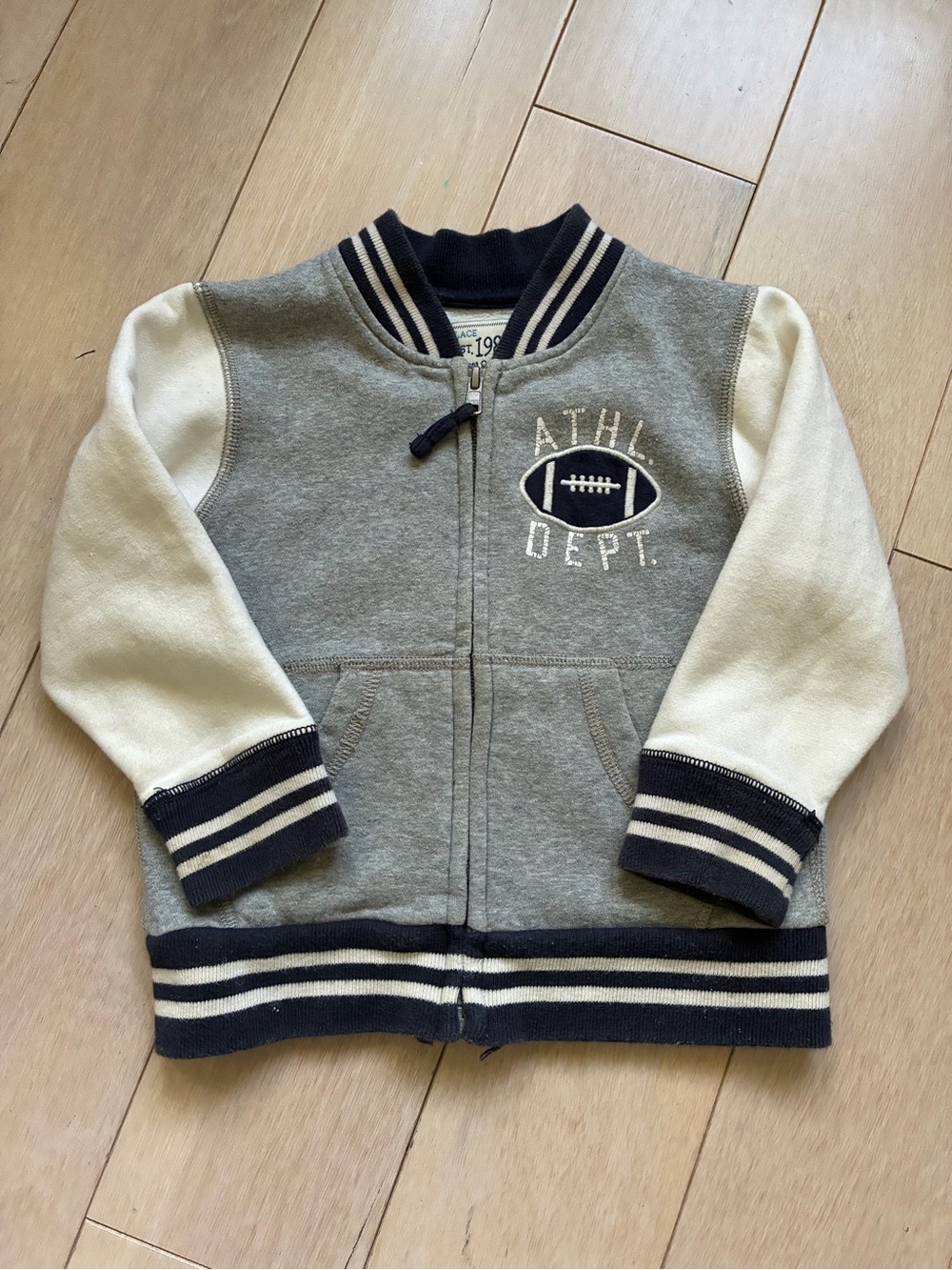Children's Place Gray & Cream Athletic Varsity Zip-Up Jacket with Navy Trim GUC
